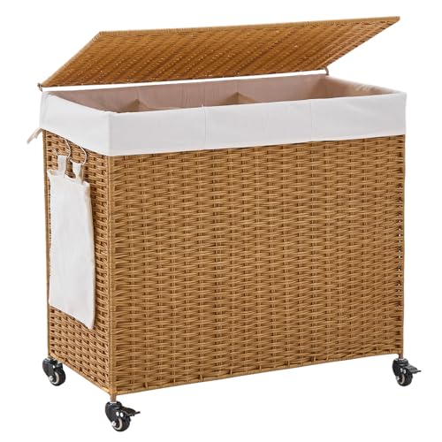 Handwoven Hamper with Lid, Laundry Basket with Wheels, Machine Washable Liner, 3 Section Clothes Hamper for Bathroom Laundry Room Bedroom, Rattan, 165L - color: Rattan/With Lid/165L