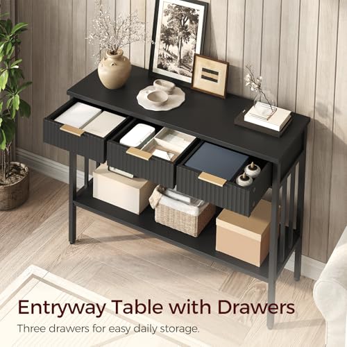 MAHANCRIS Console Table for Entryway, Entryway Table with Storage and Drawers, Narrow Long Sofa Table for Living Room, Hallway, Behind Couch, Corridor, Black and Gold CTHB5201 - size: 11.8"D x 47.3"W x 32.3"H