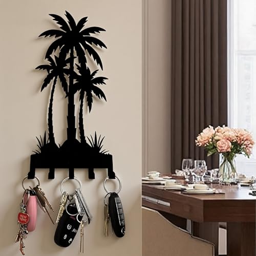 Key Holder Wall Mount with 5 Hooks Entryway Hanger for Car Key Ring Metal Keys Holder on wall Black Key Rack for Home Decor Offcie Appartment - color: Coconut Trees