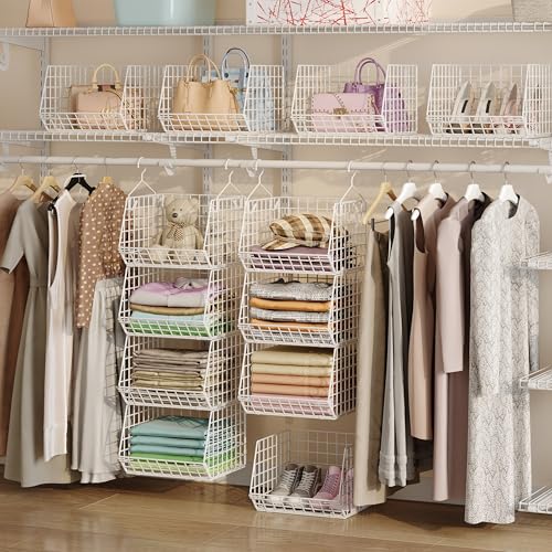 X-cosrack 4 Tier Closet Hanging Organizer, Foldable Closet Shelving with 2 Hanging Hooks 5 S Hooks, Wire Storage Basket for Wardrobe Laundry Room, for Clothing Sweaters Shoes Handbags Patent-White - color: White