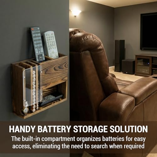 MyGift Wall-Mounted Remote Control Holder with Battery Storage Organizer, 2 Slot TV Remote Caddy, Rustic Burnt Wood, for Office, Home