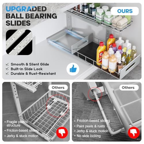 Under Sink Organizer Upgrade To Professional Rails,2-Tier Dual Pull Out Cabinet Storage,Height Adjustable Slide Out Drawers For Bathroom Kitchen,2 Pack-18.5"Dx12.8"-16.9"H,Gun Gray - color: Gun Gray, size: 2 Pack-18.5"Dx12.8"-16.9"H