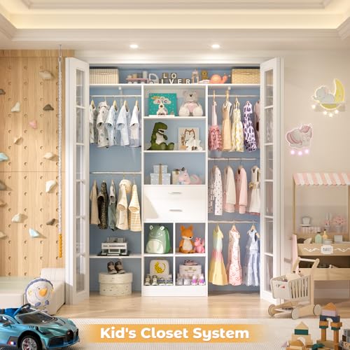 5FT Small Closet System, Baby Closet Organizer System with Wooden Drawers, 60 Inches Walk In Closet System With 5 Hanging Rods and 3 Reversible Hanging Shelving, White - color: White, size: 5 FT