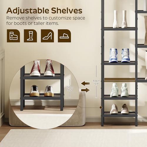 YATINEY 10-Tier Tall Shoe Rack, Vertical Shoe Organizer for Small Spaces, Wooden Shoe Shelf for Entryway, Space Saving Shoe Storage, Holds 10 Pairs of Shoes, Charcoal Gray and Black SS50BC - color: Charcoal + Black, size: 11" x 11" x 72"