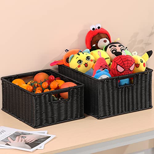 HOONEX Large Wicker Baskets for Storage, Plastic Baskets for Organizing with Dual Handles, Woven Baskets for Storage, Set of 2, (Black, 15 x 12.8 x 7.5 inches) - color: Black, size: 15 x 12.8 x 7.5 inches