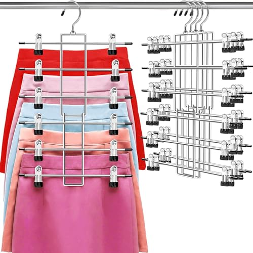 Pants Hangers with Clips,Space Saving Hanging Closet Organizer-6 Tiers Skirt Hangers with 360° Swivel Hook,Closet Organizer-Clothes Hangers- College Dorm Essentials Apartment Essentials- 4 Pack - size: 4 pack