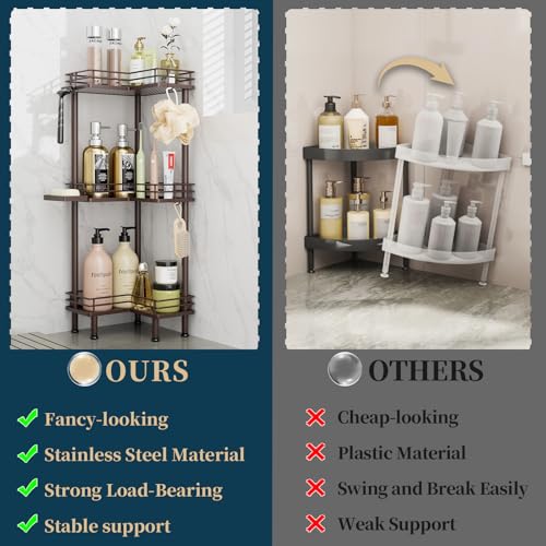 Consumest Corner Shower Caddy Standing - 3-Tier Stainless Steel Shower Organizer with Soap Holder and 4 Hooks, Large Capacity Corner Shelf Stand for Bathroom, Rest Room, Bronze - color: Bronze, size: 3 Tier