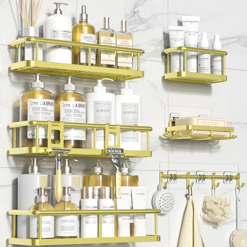 YASONIC Shower Caddy, 6 Pack Large Capacity Bath Organizer with Soap Holder and 12 Hooks, Rustproof Shower Shelves for Inside Shower, No Drilling&Sleek Bathroom Organizers and Storage Gold - color: Gold, size: XL