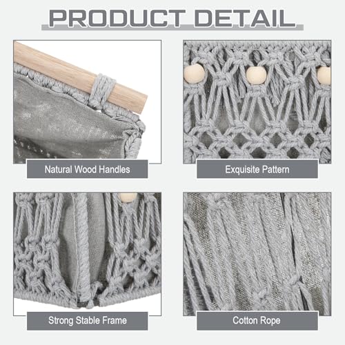 Vesici 4 Pcs Grey Macrame Storage Basket for Shelves 13 in 11 in Boho Storage Basket Hand Woven Boxes with Wood Handles Beads Decorative Countertop Toilet Tank Cabinet Organizer for Home Room Decor - color: Grey