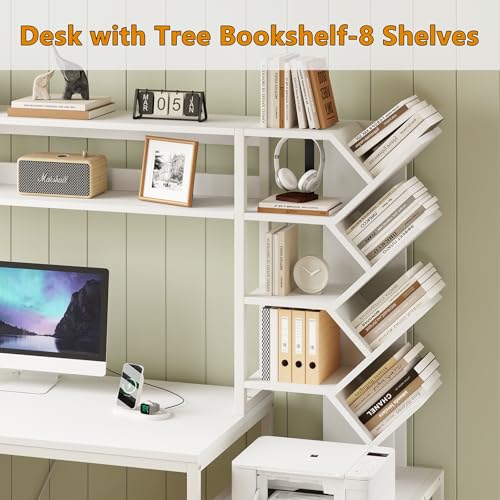 YOMILUVE L Shaped Desk with Hutch, Reversible Computer Desk with Drawers and Bookshelf, Home Office Desks with Storage Shelves for Bedroom Home Office, White - color: White