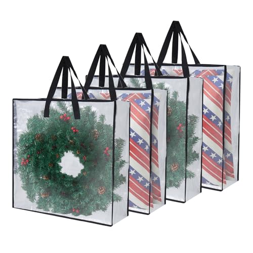 Heavy-Duty Clear Wreath Storage Bag & Sturdy Moving Box Alternative – 26 Inch Large Capacity Container with Zipper for Christmas Decorations, Seasonal Wreaths, Clothes, Bedding,Gift (4-Pack) - color: SClear, size: 4 Pack
