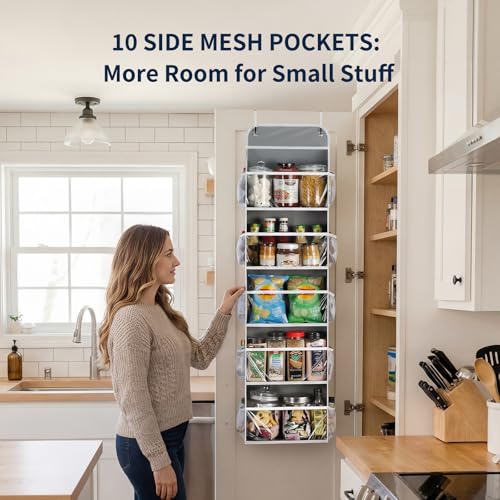 Yecaye 5-Tier Over the Door Organizer Hanging, Toy Stuffed Animal Storage, Behind the Door Storage with 5 Clear View Windows & 10 Side Pockets, Over the Door Storage for Bathroom Closet Nursery, Grey - color: Grey