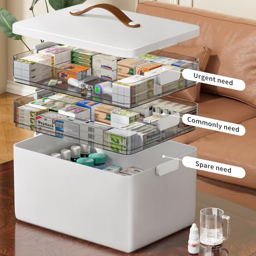 CTIME 3-Tier Medicine Organizer - Portable Medicine Cabinet with Leather Handle, Empty First Aid Kit for Home - size: Regular 3-Tier