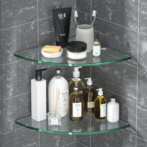 Corner Glass Shower Caddy 2 Pack 8MM-Thick Tempered Glass Shelf No Drilling Wall Mount Corner Mounted Shelves Space Saver Adhesive Bathroom Home Shelf Shampoo Holder Organizer Strong Adhesion - color: 2pack