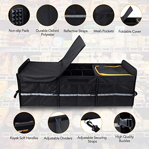 HEYTRIP Large Trunk Organizer With Built-in Leakproof Cooler Bag, 2 Tie-Down Straps, 4 Removable Dividers, Foldable Cover, Built with 2mm PE Board - color: Black