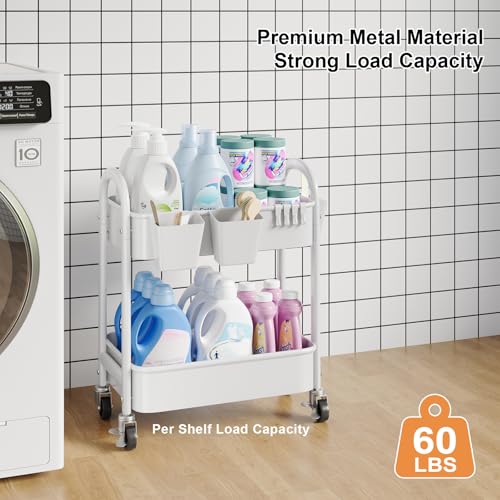 2 Tier Rolling Cart Metal with Wheels, White Under Desk Storage Roller Caddy on Wheels, Two Tiered Short Shelf Trolley, Small Utility Organizer Carts for Dorm, Bathroom, Craft, Art, Baby, Pantry,Snack - color: Simple White, size: 2 tier