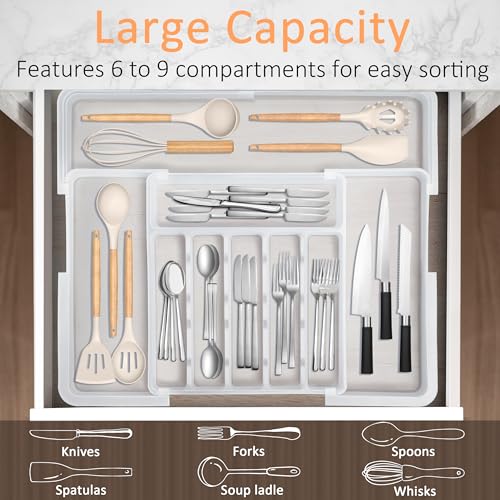Spaclear Large Silverware Drawer Organizer Expandable Kitchen Utensil Organizer BPA Free Flatware Cutlery Holder Tray Adjustable Plastic Drawer Divider Storage for Forks Knives 6-9 Slots White - color: White