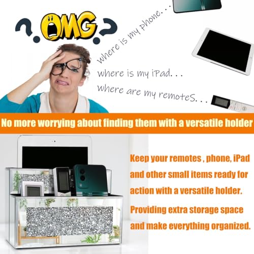 GOTHICO Mirrored Remote Holder, Wall or Tabletop Mounted Crush Diamond Bling Decoration Organizer Storage Caddy for Remote Phone Pad Notebook Makeup Brush,4 Slots in 3 Sizes,9.1"×6.1"×4.8"