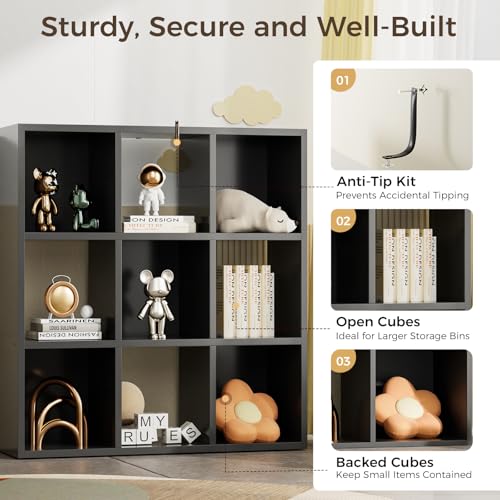 COMHOMA 9 Wood Cube Storage Organizer with Open Back and Removable Back Panels, 11In Black Cube Storage Bookshelf, Cubicle Shelf Bookcase for Home Office Bedroom Living Room, Vertical or Horizontal - color: 9 Cube Black