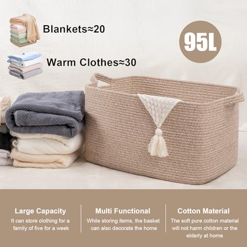 95L Cotton Rope Large Blanket Basket (24" x 16.9" x 14.2") for Living Room, Kids Room & Laundry, Storage Basket with Handle for Organizing Blankets, Pillows, Clothes & Toys, Brown - color: Brown, size: 24"x16.9"x14.2"