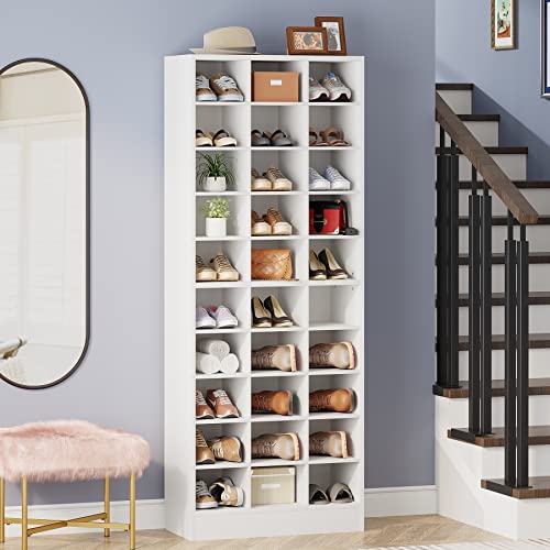 Tribesigns 10-Tier Shoe Storage Cabinet, White Wooden Shoe Rack with 30 Cubbies, Freestanding Tall Entryway Shoe Organizer for Closet, Entryway, Living Room - color: White