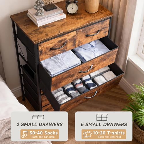 Mifuro Tall Dresser for Bedroom, Vertical Storage Organizer Tower with 7 Drawers, Chest of Drawers with Fabric Bins, Steel Frame, Wood Top for Bedroom, Closet, Entryway- Rustic Brown - color: Rustic Brown, size: 7 Drawers