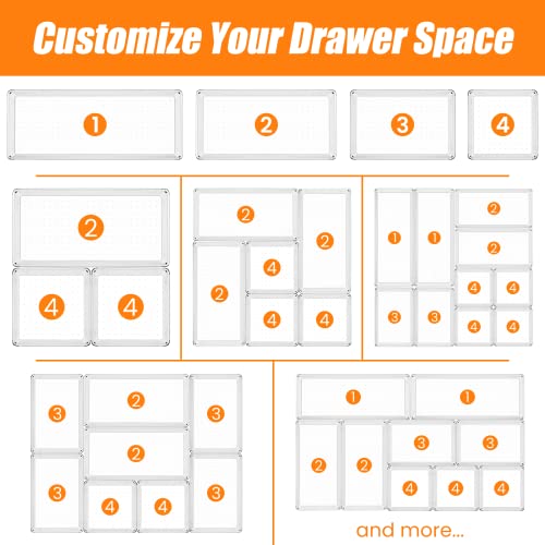 Criusia 18 Pcs Large Size Clear Drawer Organizer Set, Acrylic Non Slip Non Cracking Kitchen Drawer Storage Tray Divider, Multifunctional Storage for Cosmetics, Bathroom, Tools, Kitchen and Office - size: 18 Pack