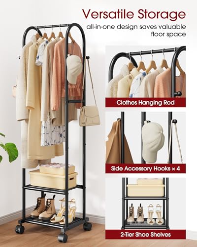 Sakugi Heavy Duty Premium Clothes Rack with 2-Tier Mesh Shoe Shelves & 4 Hooks, Lockable Wheels, Space-Saving, Multi-Functional for Bedroom, Entryway, Closet, Modern Design, 18.4" x 12.6" x 72", Black - color: Black