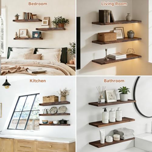 Assembly Easy Floating Shelves Set of 3,24 Inch Wall Mounted Wooden Shelf, Rustic Hanging Shelves for Home Decor, Books and Storage, Organizer for Bedroom,Small Bathroom,Kitchen,Vintage Brown - color: Vintage Brown, size: 24IN