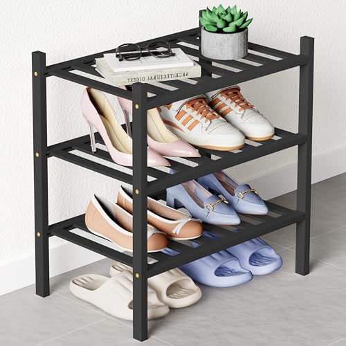 Smiry Bamboo Shoe Rack for Closet, 3 Tier Small Wooden Stackable Shoe Organizer, Free Standing Shoes Storage Shelf for Entryway, Front Door Entrance, Black - color: Black, size: 3 Tier - Small