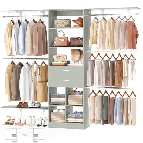 Besiost Closet System - 8FT Closet Organizer System with Wooden Drawers, 96" Closet Systems for Walk-In Closets with Cuttable Hanging Shelving, Green - color: Crab Green, size: 8FT