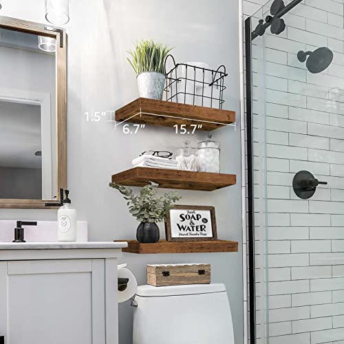 QEEIG Floating Shelves for Wall Bathroom Shelf Bedroom Kitchen Living Room Hanging Book Shelves Small Farmhouse Decor 16 inch Set of 3, Rustic Brown (015-BN3) - color: A. Brown, size: 3pcs