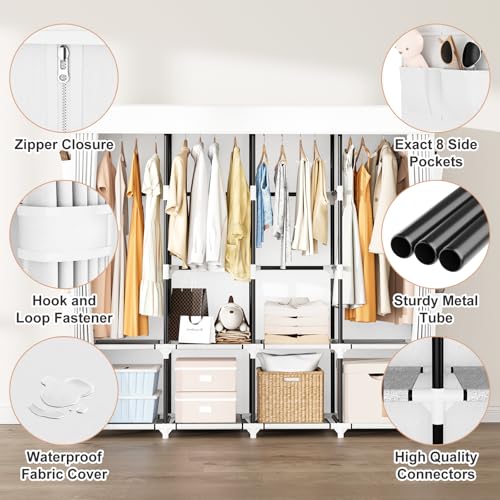 Portable Closet for Hanging Clothes, 67 Inch Wide Portable Wardrobe Closet with Cover, 4 Hanging Rod, Storage Shelves and Side Pockets, Large Free Standing Closet for Bedroom, White - color: White, size: 4 Row - 67'' Wide