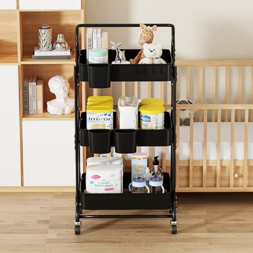 3 Tier Foldable Rolling Cart with Wheels, Folding Utility Cart Organizer, Collapsible Rolling Storage Cart with 3 Hanging Cups & 6 Hooks for Kitchen, Office, Nursery(Black) - color: Black