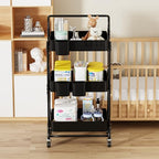 3 Tier Foldable Rolling Cart with Wheels, Folding Utility Cart Organizer, Collapsible Rolling Storage Cart with 3 Hanging Cups & 6 Hooks for Kitchen, Office, Nursery(Black) - color: Black