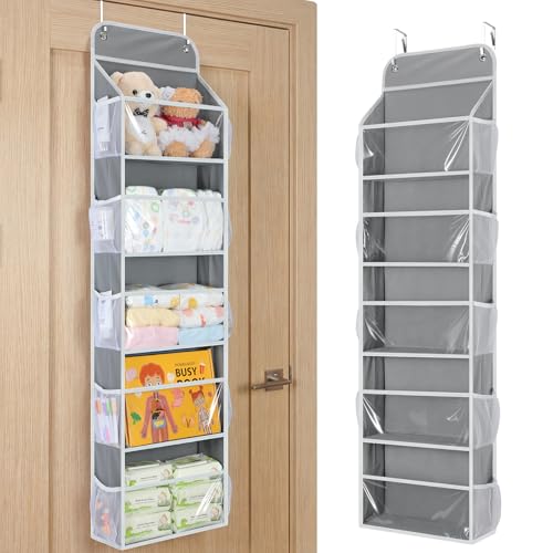 Yecaye 5-Tier Over the Door Organizer Hanging, Toy Stuffed Animal Storage, Behind the Door Storage with 5 Clear View Windows & 10 Side Pockets, Over the Door Storage for Bathroom Closet Nursery, Grey - color: Grey