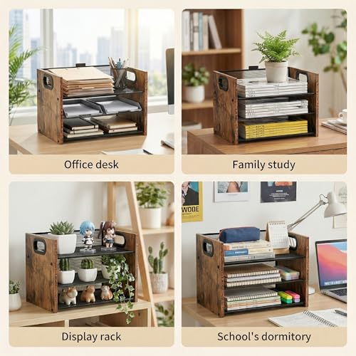 Desk Organizer - 3 Tier Wood & Metal Mesh Desktop Organizer for Office, Home, School, Workspace, Office Desk Organzier for Papers, Mail, Notebooks, Stationery - size: 3 Tier