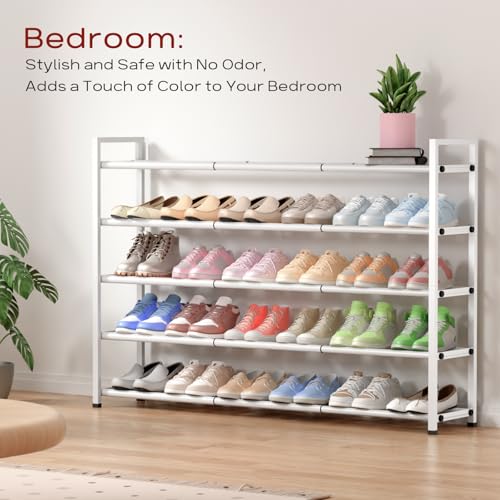 Bumusty 5-Tier Long Expandable Shoe Rack for Closet, 18"-44" Adjustable Shoe Rack for Entryway, 25-30 Pairs Large Shoe Organizer Shelf Storage, Sturdy Metal, White - color: White, size: 5-Tier