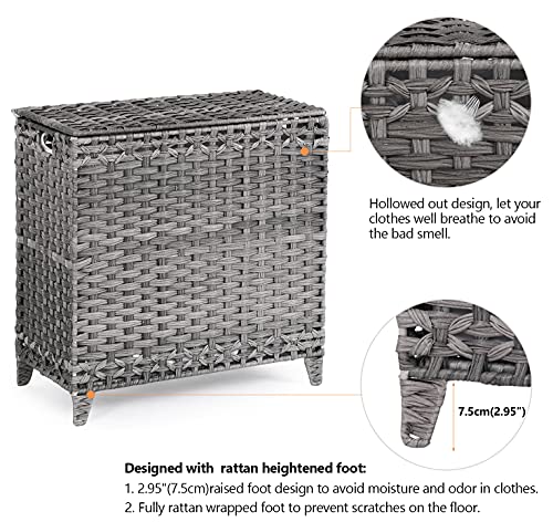 Laundry Hamper with 3 Removable Liner Bags; 132L Handwoven Rattan Laundry Basket with Lid & Heightened Feet; Clothes Hamper with Side Handles; Laundry Sorter with 3 Separate Sections - color: Gray, size: 132L-3 Section