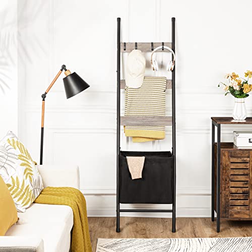 HOOBRO Blanket Ladder with Basket, 17.3”L x 63.4”H, Towel Rack with Hooks, Blanket Holder Rack, Decorative Ladder Shelf, Drying and Display Rack for Bathroom, Living Room, Greige BG31CJ01 - color: Greige + Black