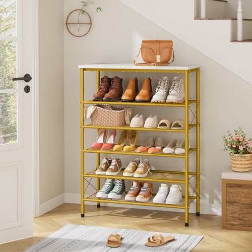 Tajsoon 6 Tier Shoe Rack Organizer for 20-24 Pairs of Shoes, Metal Mesh Shoe Shelf for Closet, Industrial Shoe Rack for Entryway Shoe Storage with X Shape Fixed Frame, White & Gold - color: White & Gold, size: 6-Tier