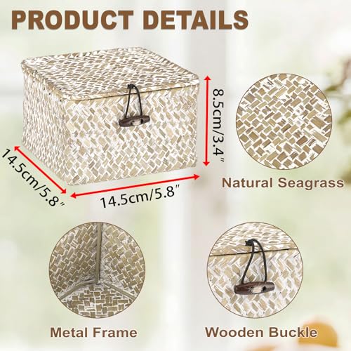 Hipiwe Wicker Shelf Baskets with Lid Handwoven Seagrass Storage Box Decorative Basket Bin Household Organizer Bin for Shelf Bathroom Coffee Table Decor Organizer, X-small - color: Whitewash color, size: X-small