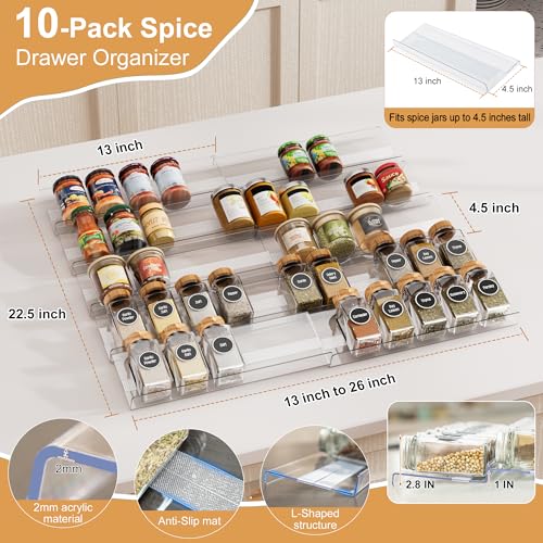 10-Pack Adjustable Spice Drawer Organizer, Expandable Seasoning Rack Tray (13" to 26"), Acrylic Insert with Anti-Slip Mat for Kitchen Cabinet (Jars Not Included) - size: 10-Pack