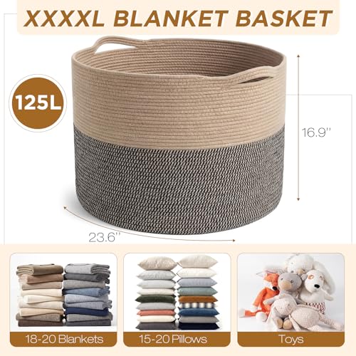 XXXXL 125L Extra Large Blanket Basket, 23.6" x 16.9" Jumbo Woven Cotton Rope Storage Basket with Handles, Laundry Hamper, Toy Storage for Living & Play Room(Black & Jute) - color: Black & Jute