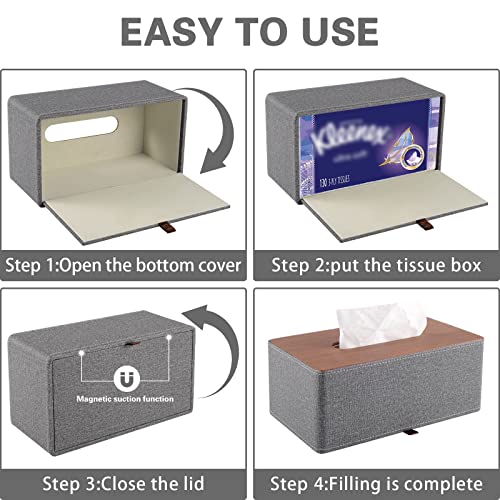 Tissue Box Cover Rectangle Tissue Box Holder PU Leather Facial Organizer with Magnetic Bottom,Decorative Napkin Caddy for Vanity Dresser Night Stand Table Countertop Home Office Car,Grey - color: Grey