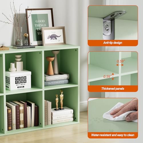 Wooden 6 Cube Storage Organizer with Closed Back Panel, Modern Open Cube Storage Shelf Bookshelf with Compartments, Cube Shelf Organizer for Living Room, Bedroom, Study Room (Green) - color: Green
