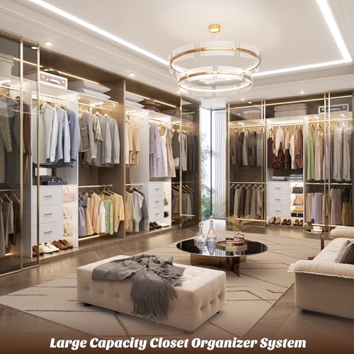 Aheaplus Closet System, Closet Organizer with 3 Wooden Drawers, 8FT Closet Organizer System, 96’’ Walk-in Closet Wardrobe Clothes Rack with Hanging Rods, Garment Rack, Fits 5.3-9 ft, -W3,White - color: White
