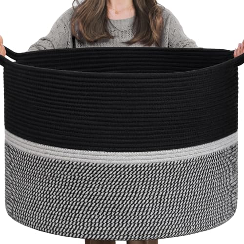 CHICVITA Extra Large Laundry Basket, Woven Rope Blanket Basket for Towels, Clothes, Toy Storage, Pillow Basket for Living Room, Family Room, 22 x 22 x 14 inches, Black - color: Black and Gray