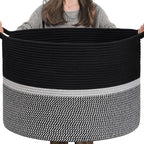CHICVITA Extra Large Laundry Basket, Woven Rope Blanket Basket for Towels, Clothes, Toy Storage, Pillow Basket for Living Room, Family Room, 22 x 22 x 14 inches, Black - color: Black and Gray