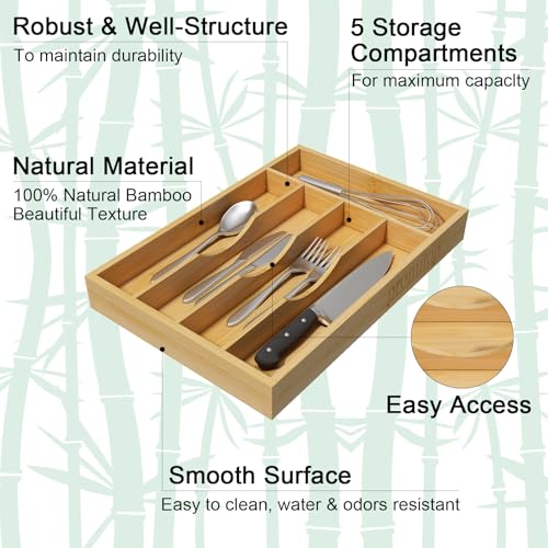 Bamboo Utensil Organizer for Kitchen Drawers, Utensil Tray and Cutlery Silverware Holder,Wood Drawer Dividers with 5 Slots（2 pack） - size: 5 Slots - 2 Packs